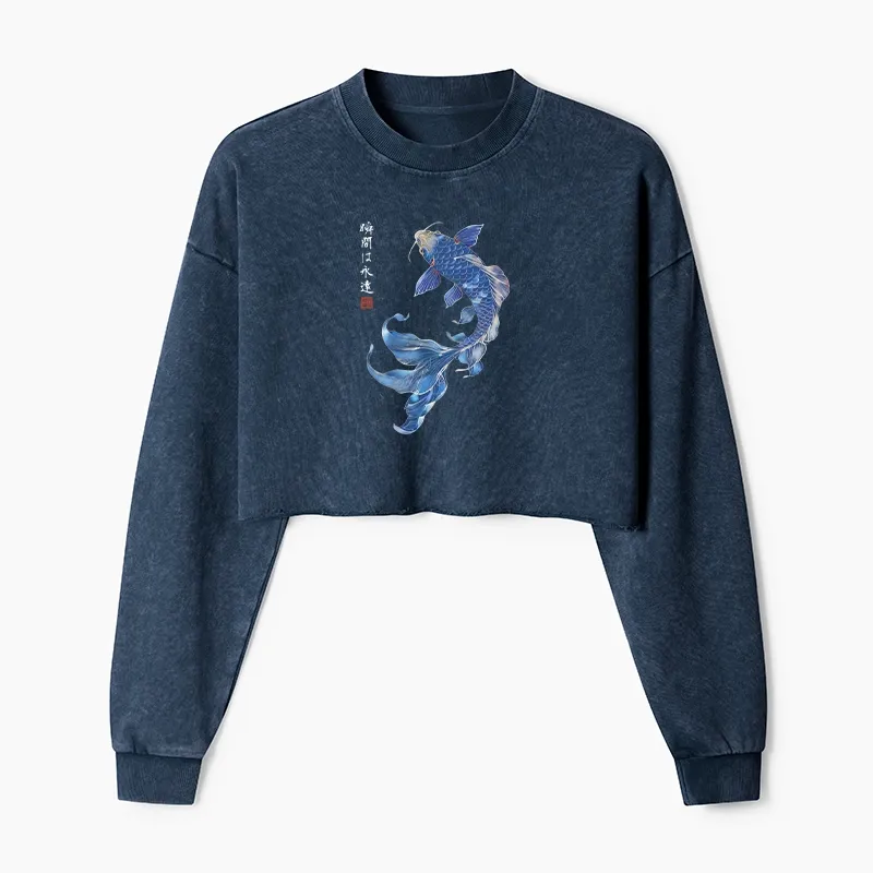 Tokyo-Tiger Lucky Blue Koi Fish Art Washed Crop Sweatshirt