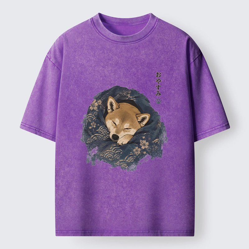 Tokyo-Tiger Sleepy Shiba Hides In Warm Quilt Washed T-Shirt
