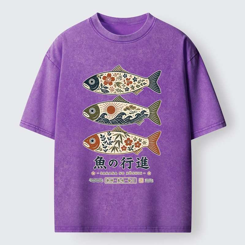 Tokyo-Tiger Sakura Waves Decorate Three Fish Washed T-Shirt