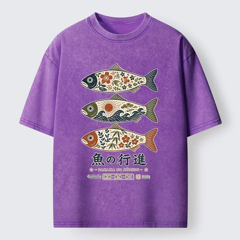 Tokyo-Tiger Sakura Waves Decorate Three Fish Washed T-Shirt