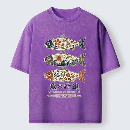 Tokyo-Tiger Sakura Waves Decorate Three Fish Washed T-Shirt