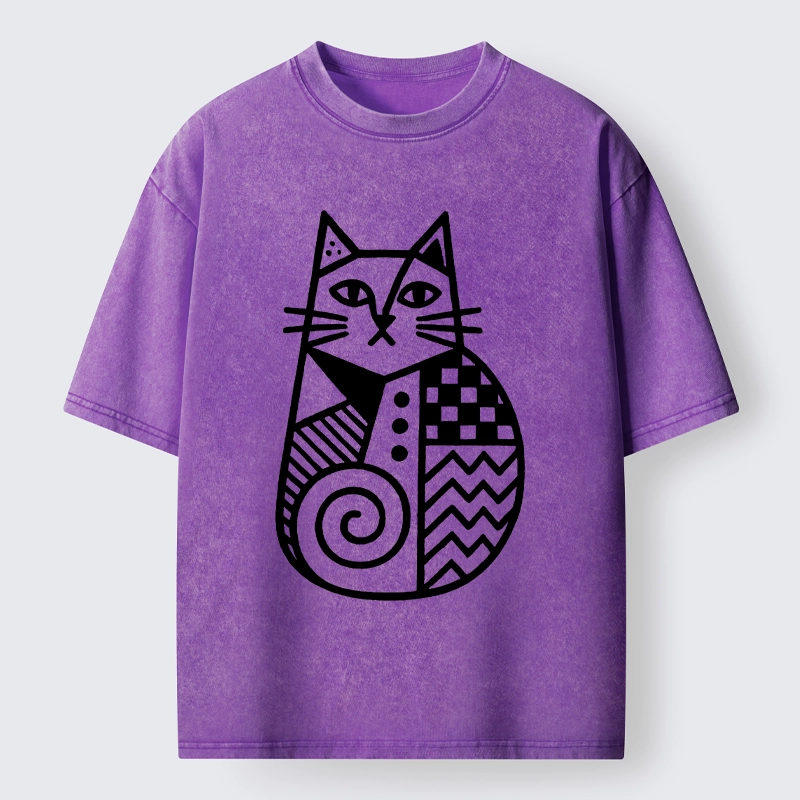 Tokyo-Tiger Simple Folk Art Patterned Cat Washed T-Shirt