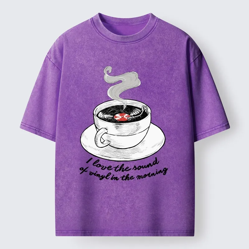 Tokyo-Tiger Coffee Cup Holds Spinning Vinyl Record Washed T-Shirt