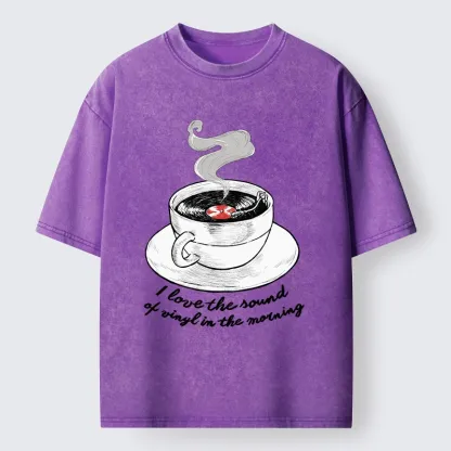 Tokyo-Tiger Coffee Cup Holds Spinning Vinyl Record Washed T-Shirt