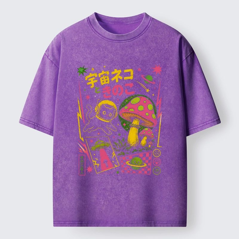 Tokyo-Tiger Space Cat And Magic Mushrooms Washed T-Shirt