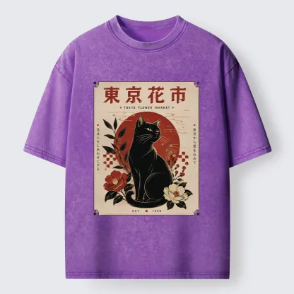 Tokyo-Tiger Tokyo Flower Market Cat Washed T-Shirt