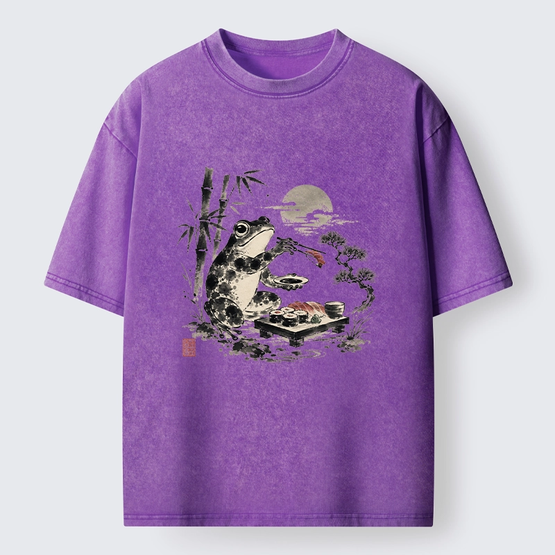 Tokyo-Tiger Frog Eating Sushi At Nigh Washed T-Shirt