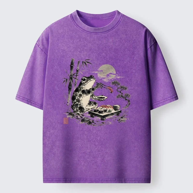 Tokyo-Tiger Frog Eating Sushi At Nigh Washed T-Shirt