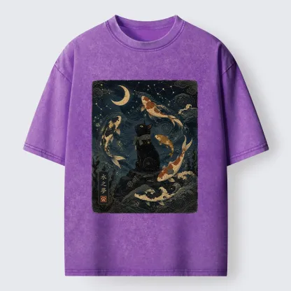 Tokyo-Tiger Black Cat And Koi Fish Washed T-Shirt