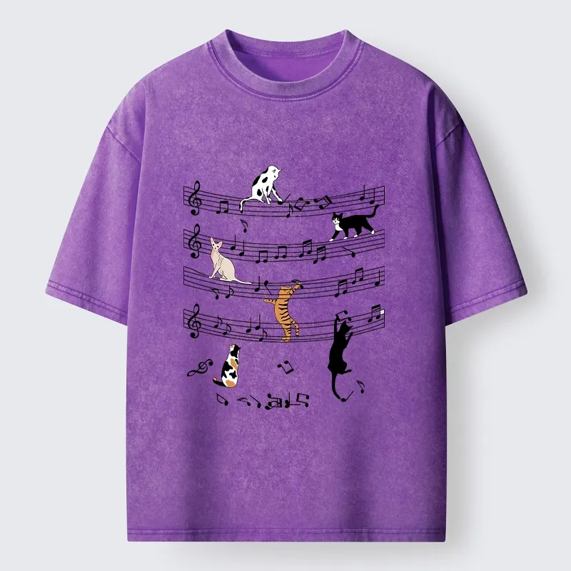 Tokyo-Tiger Cats On Musical Notes Washed T-Shirt