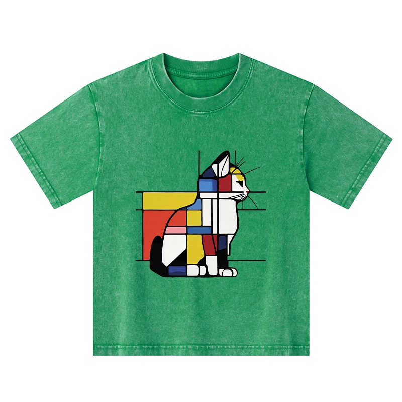 Tokyo-Tiger Geometric Cat Art In Primary Colors Kids Washed T-Shirt