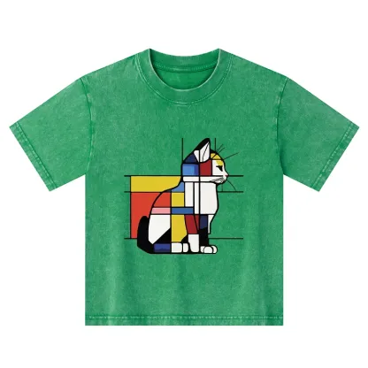 Tokyo-Tiger Geometric Cat Art In Primary Colors Kids Washed T-Shirt