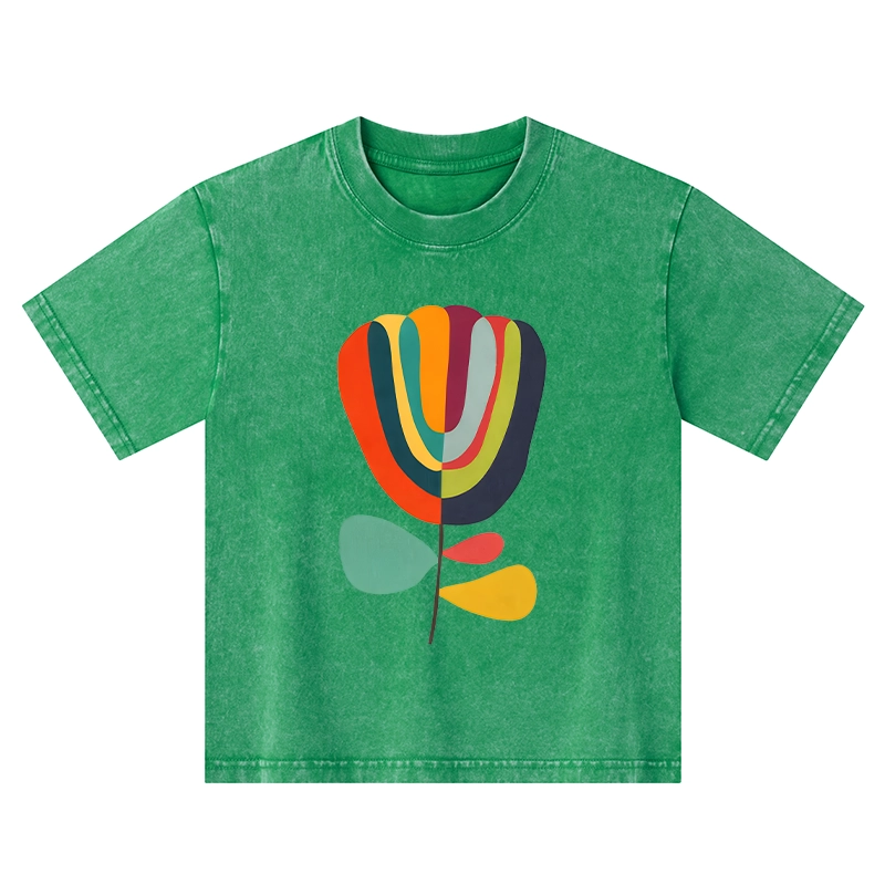 Tokyo-Tiger Colorful Flower Minimalist Print Kids Washed T-Shirt