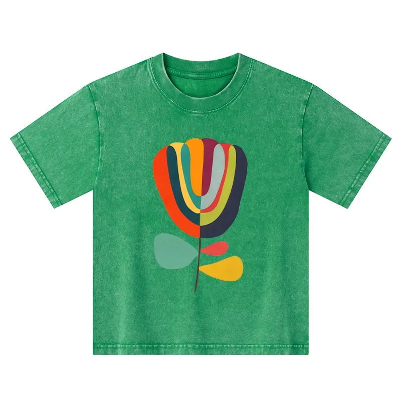 Tokyo-Tiger Colorful Flower Minimalist Print Kids Washed T-Shirt