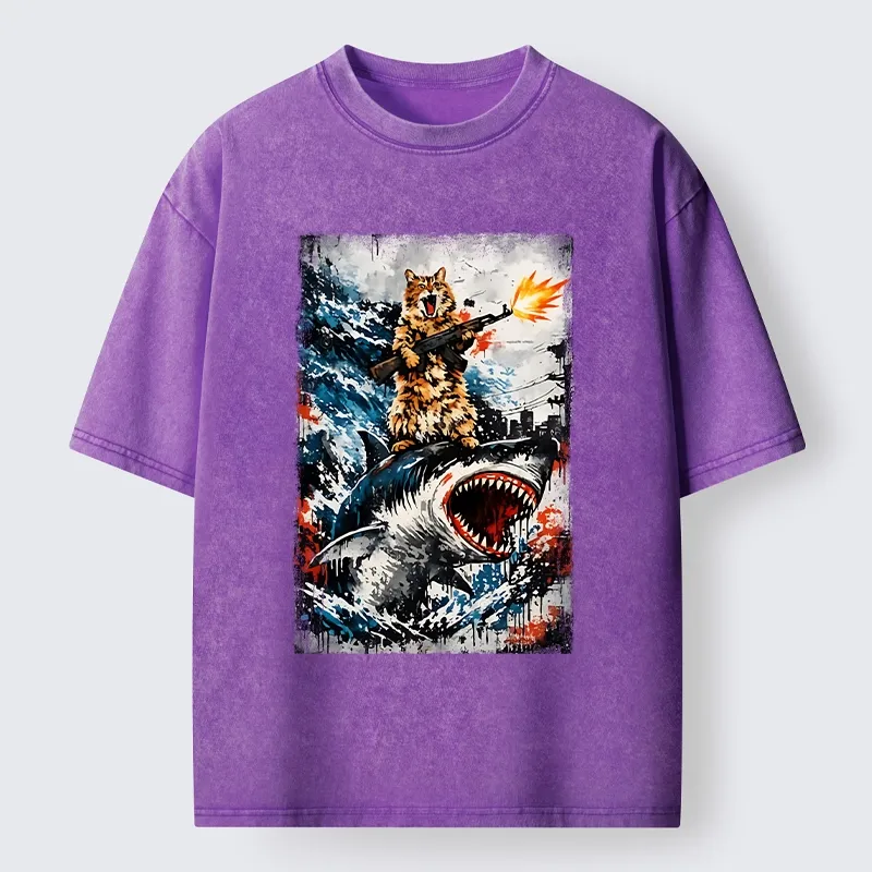 Tokyo-Tiger Cat Riding A Shark With A Gun Washed T-Shirt