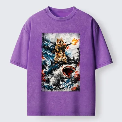 Tokyo-Tiger Cat Riding A Shark With A Gun Washed T-Shirt