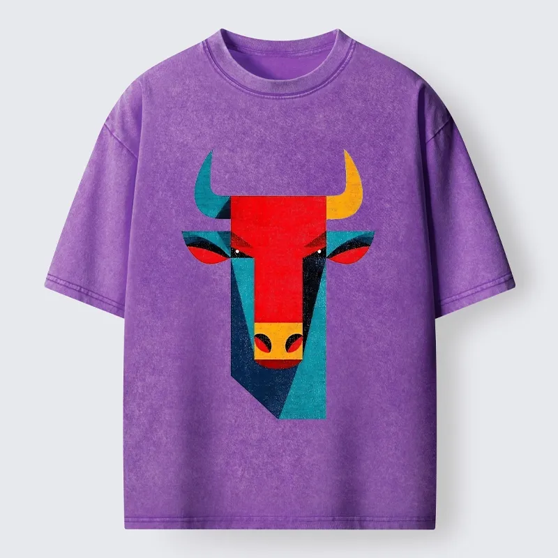Tokyo-Tiger Geometric Bull Head Art Washed T-Shirt