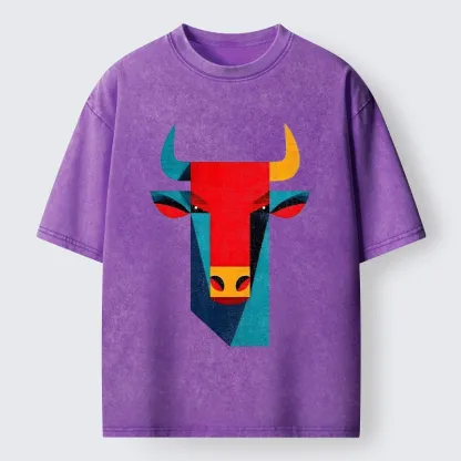 Tokyo-Tiger Geometric Bull Head Art Washed T-Shirt