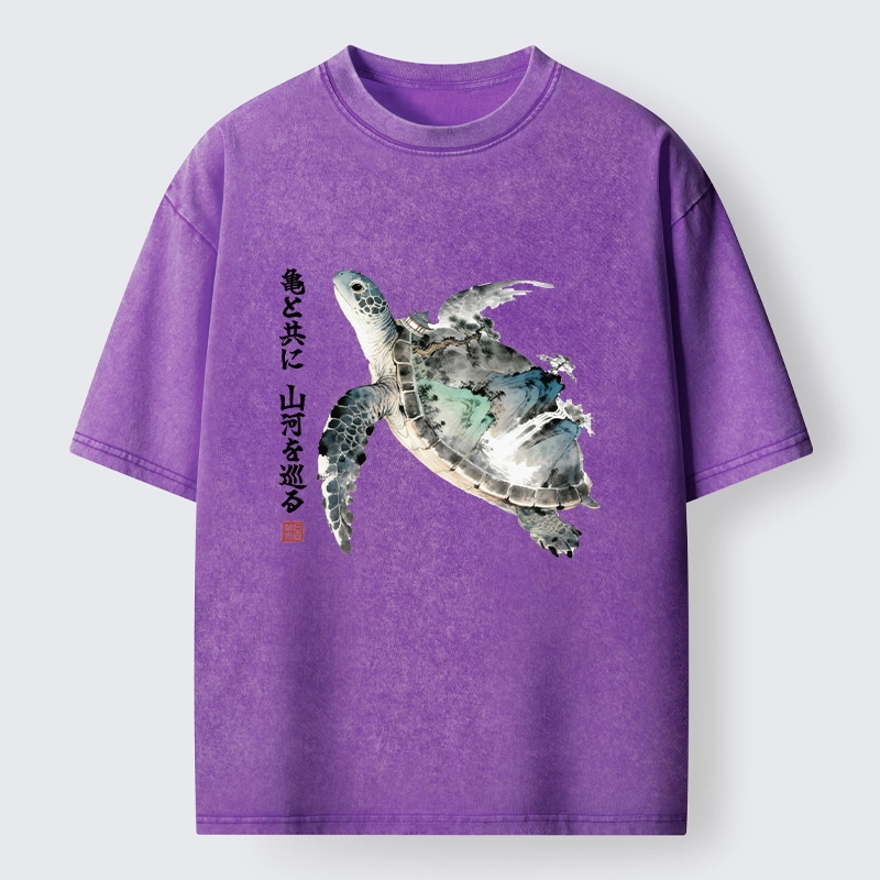 Tokyo-Tiger Ink Wash Sea Turtle Art Washed T-Shirt