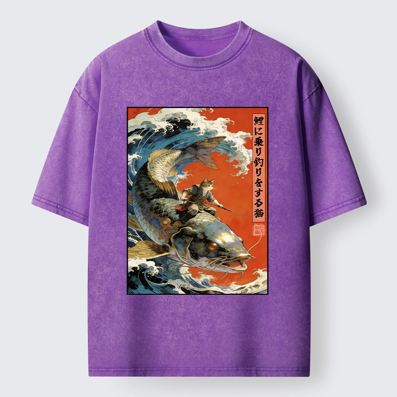 Tokyo-Tiger Ukiyo E Cat Fishing Art Washed T-Shirt