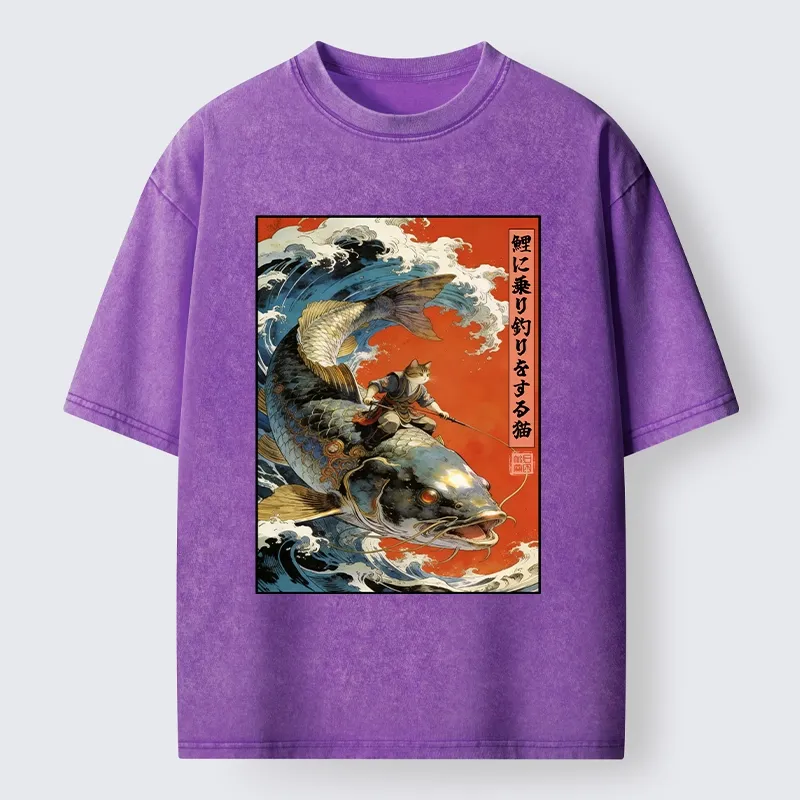 Tokyo-Tiger Ukiyo E Cat Fishing Art Washed T-Shirt