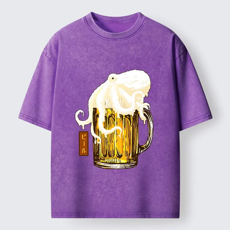 Tokyo-Tiger Octopus Foam On Cold Beer Mug Washed T-Shirt
