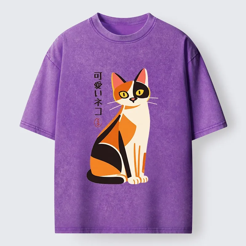 Tokyo-Tiger Cute Calico Cat Japanese Minimal Art Washed T-Shirt