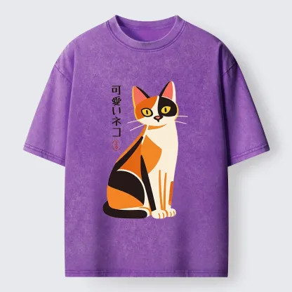 Tokyo-Tiger Cute Calico Cat Japanese Minimal Art Washed T-Shirt
