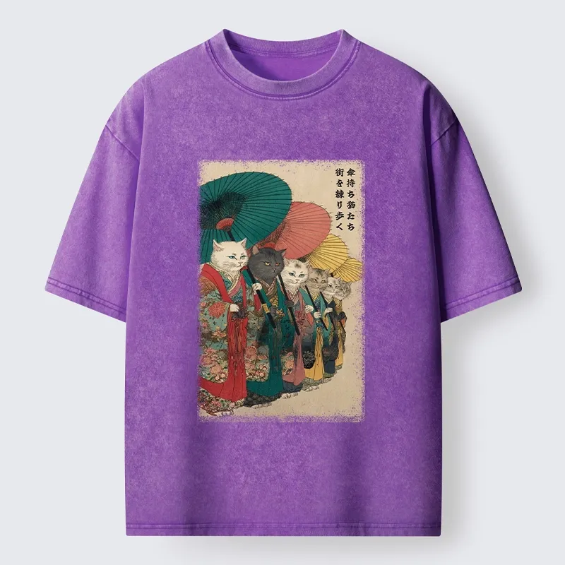 Tokyo-Tiger Kimono Cats Walk With Colorful Umbrellas Washed T-Shirt