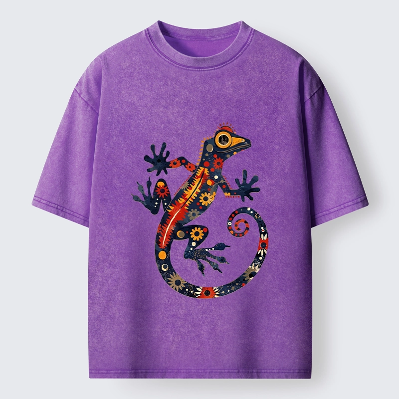 Tokyo-Tiger Colorful Folk Art Gecko Full Of Flowers Washed T-Shirt
