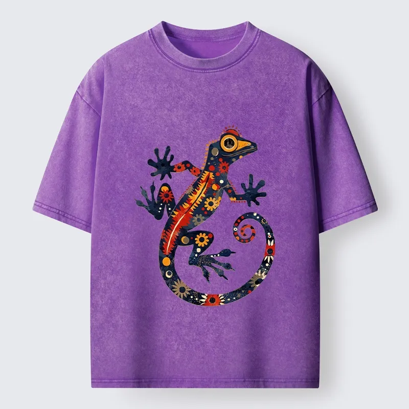 Tokyo-Tiger Colorful Folk Art Gecko Full Of Flowers Washed T-Shirt