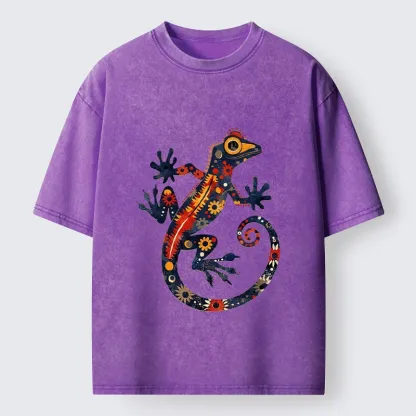 Tokyo-Tiger Colorful Folk Art Gecko Full Of Flowers Washed T-Shirt