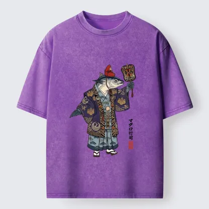 Tokyo-Tiger Fish Chef Holds Decorative Hand Fan Washed T-Shirt