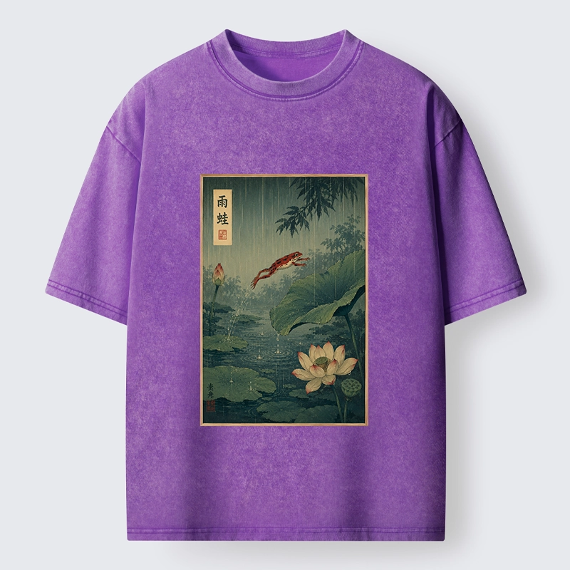 Tokyo-Tiger Vintage Asian Frog Jump Over Lotus Leaf Washed T-Shirt