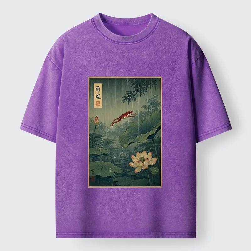 Tokyo-Tiger Vintage Asian Frog Jump Over Lotus Leaf Washed T-Shirt