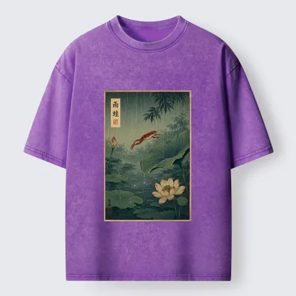 Tokyo-Tiger Vintage Asian Frog Jump Over Lotus Leaf Washed T-Shirt