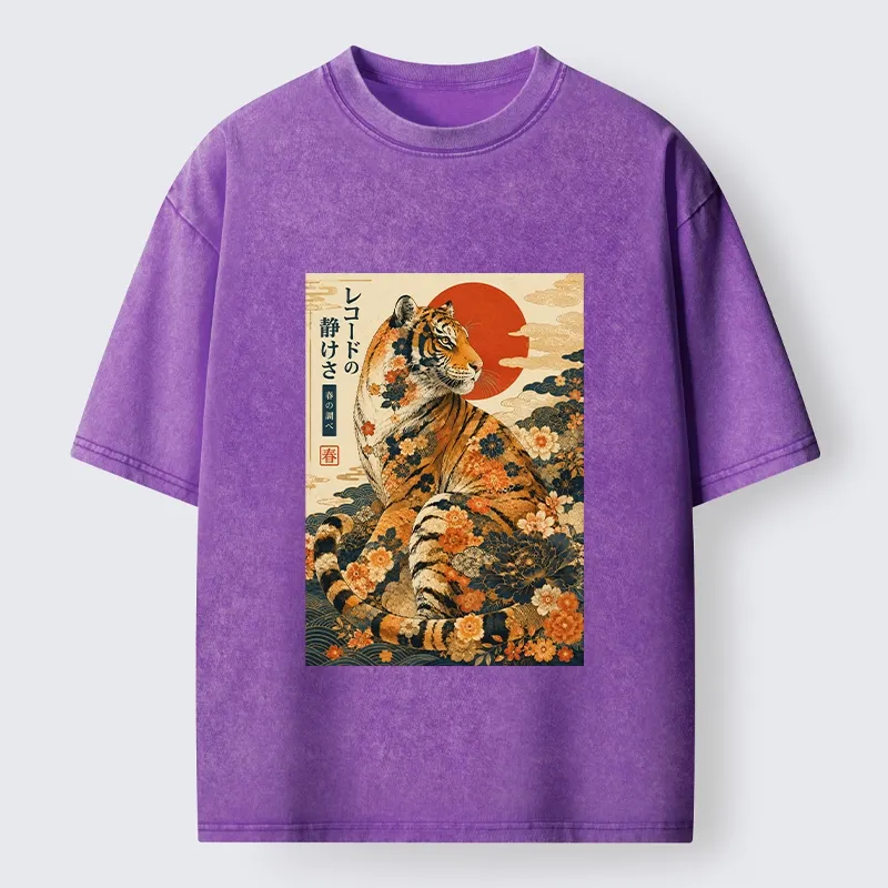 Tokyo-Tiger Vintage Floral Tiger Japanese Spring Art Washed T-Shirt