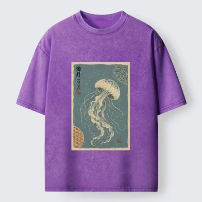 Tokyo-Tiger Vintage Blue Jellyfish Underwater Art Washed T-Shirt