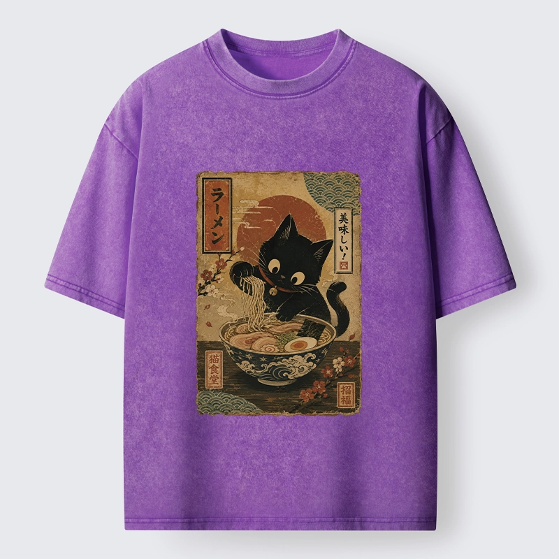 Tokyo-Tiger Japanese Cat Ramen Shop Poster Washed T-Shirt