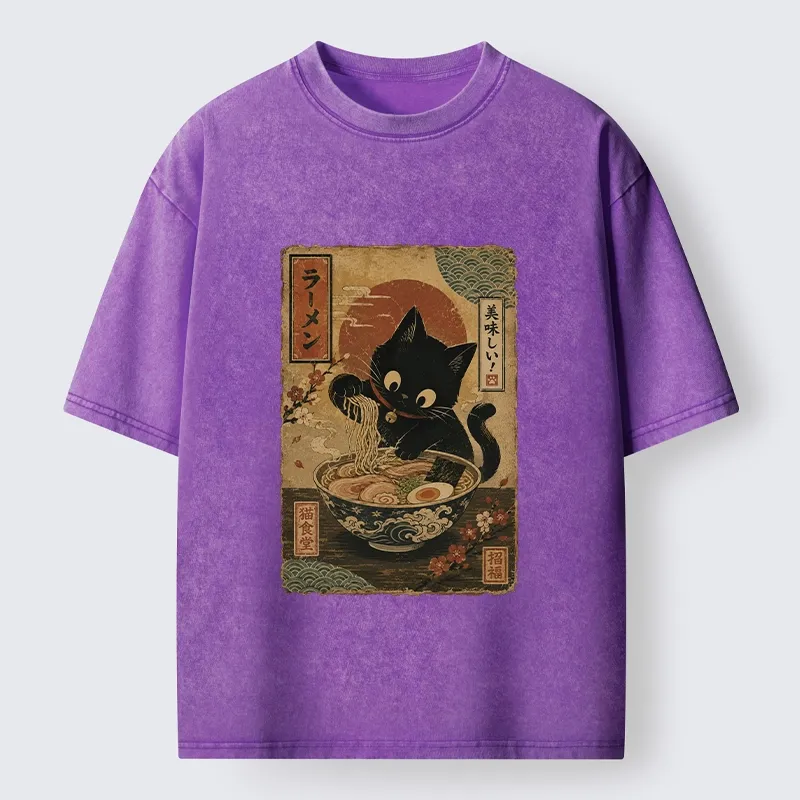 Tokyo-Tiger Japanese Cat Ramen Shop Poster Washed T-Shirt