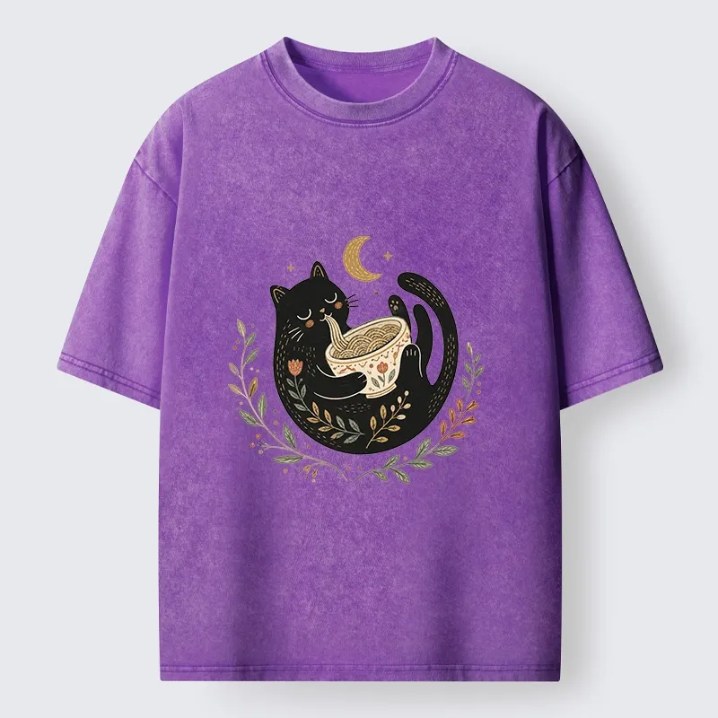 Tokyo-Tiger Soft Cute Black Cat Eat Noodle At Moon Washed T-Shirt