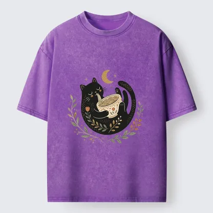 Tokyo-Tiger Soft Cute Black Cat Eat Noodle At Moon Washed T-Shirt