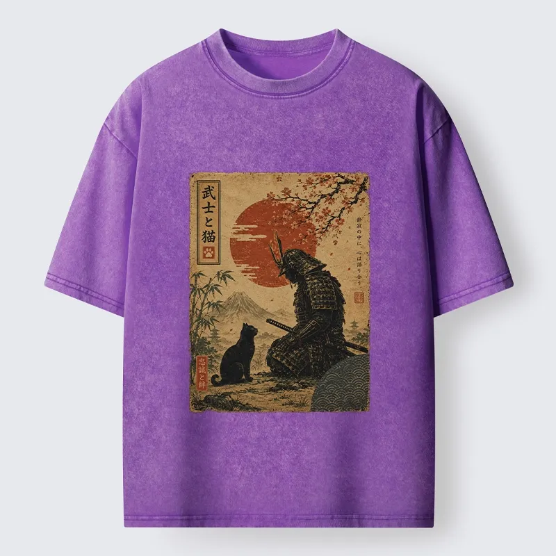 Tokyo-Tiger Samurai And Black Cat Mountain Washed T-Shirt