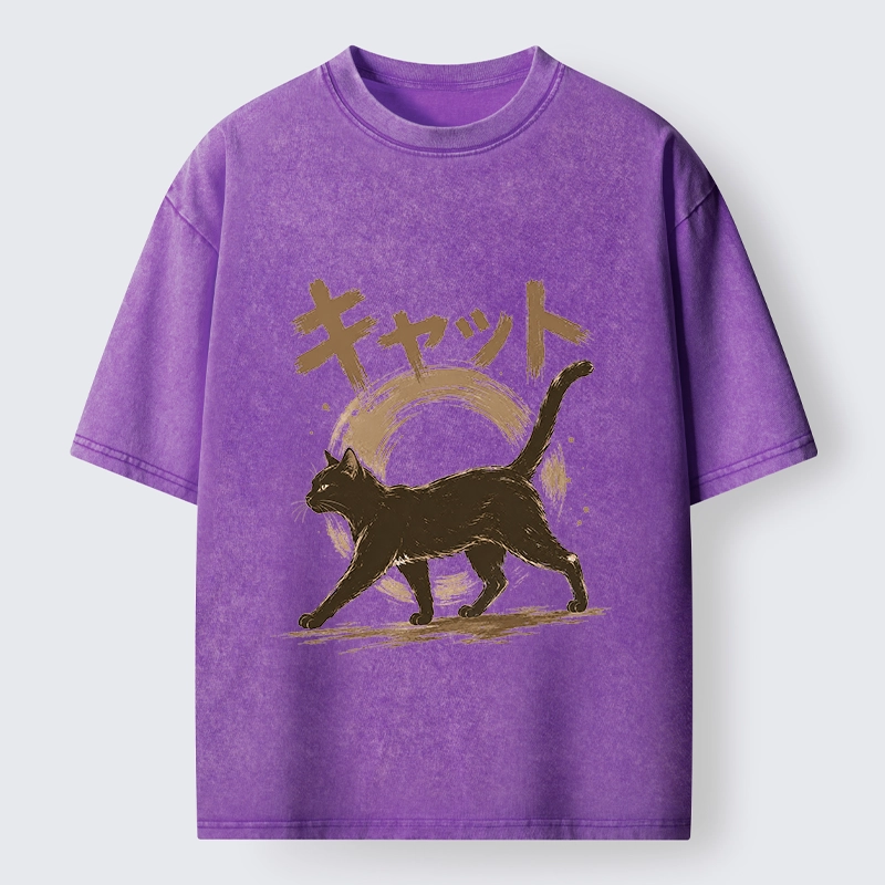 Tokyo-Tiger Retro Brush Stroke Black Cat Walking Washed T-Shirt