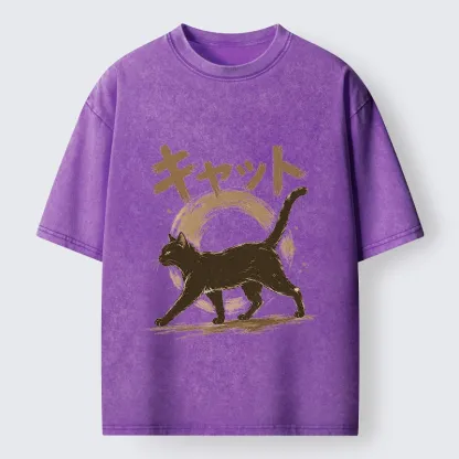 Tokyo-Tiger Retro Brush Stroke Black Cat Walking Washed T-Shirt