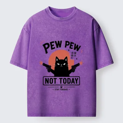Tokyo-Tiger Not Today Black Cat Dual Pistols Mode Washed T-Shirt