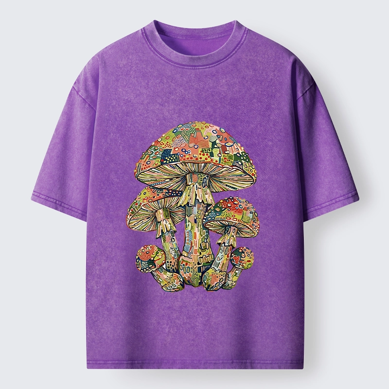 Tokyo-Tiger Tiny Black Cat Under Wild Rainbow Mushrooms Washed T-Shirt
