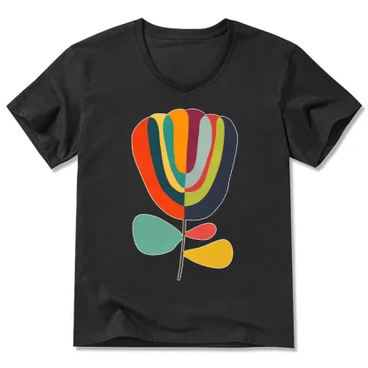 Tokyo-Tiger Colorful Flower Minimalist Print V-Neck Classic T-Shirt