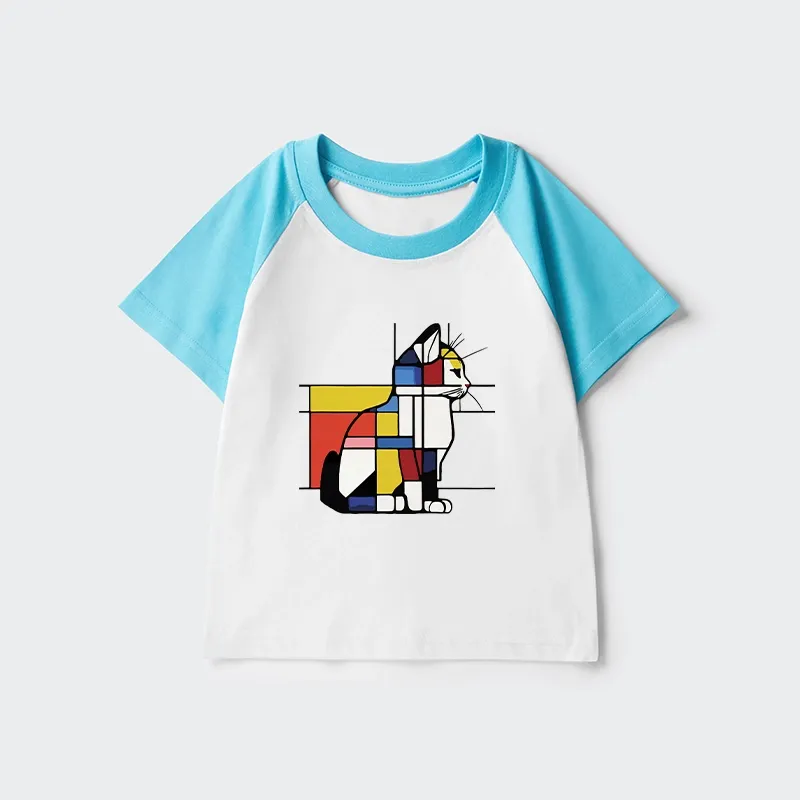 Tokyo-Tiger Geometric Cat Art In Primary Colors Kids Raglan T-shirt