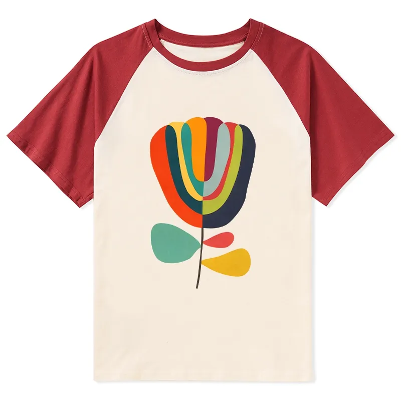 Tokyo-Tiger Colorful Flower Minimalist Print Raglan T-shirt
